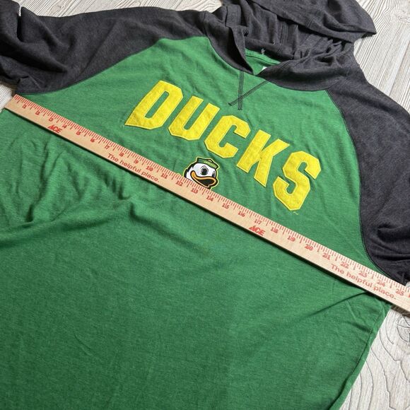 Oregon Ducks Logo LS Raglan Hooded Tee Men’s XXL Green Gray Soft Box Seats NWT - Picture 8 of 12